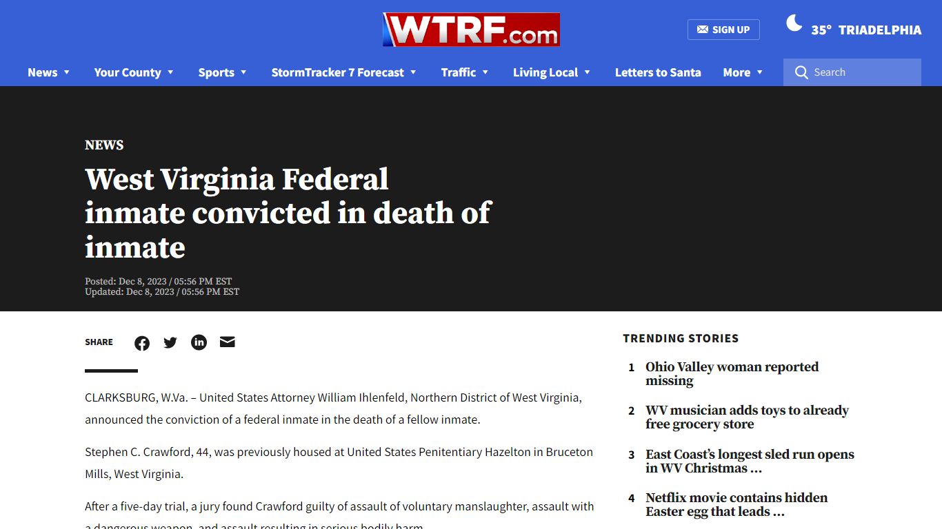 West Virginia Federal inmate convicted in death of inmate - WTRF